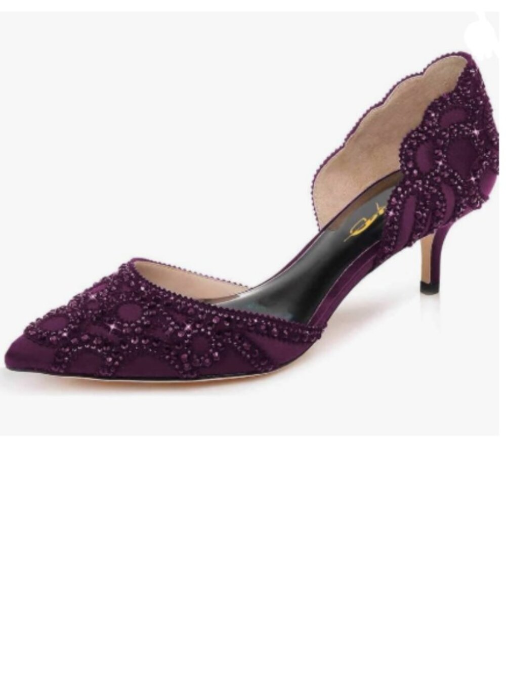 XYD Dark Purple Pointed Toe D'Orsay Kitten Heels Rhinestone Slip-On Satin Pumps